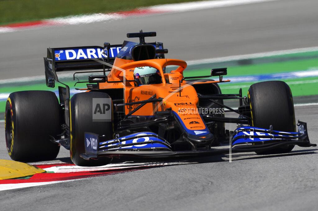 Emilio Morenatti Mclaren driver Daniel Ricciardo of Australia takes a curve during the third free practice for the Spanish Formula One Grand Prix at the Barcelona Catalunya racetrack in Montmelo, just outside Barcelona, Spain, Saturday, May 8, 2021. The Spanish Grand Prix will be held on Sunday. (AP Photo/Emilio Morenatti)