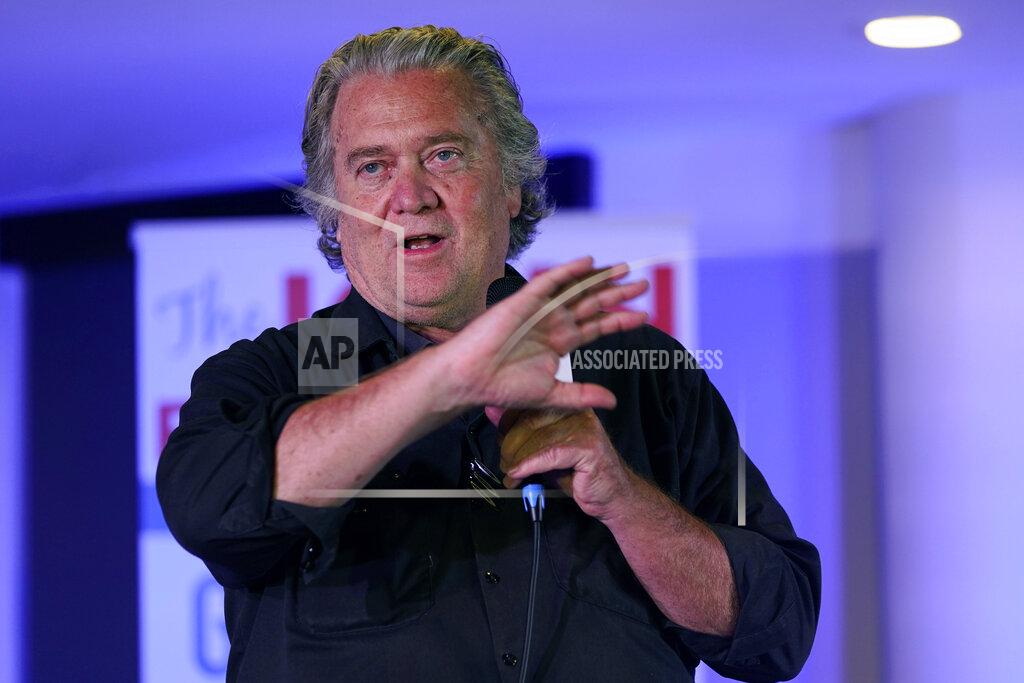 Steve Helber Political strategist Steve Bannon gestures during a speech during an election rally in Richmond, Va., Wednesday, Oct. 13, 2021. Conservative radio host John Fredericks, a former Trump campaign chairman in Virginia, organized the "Take Back Virginia Rally" in which former President Donald Trump called in. (AP Photo/Steve Helber)