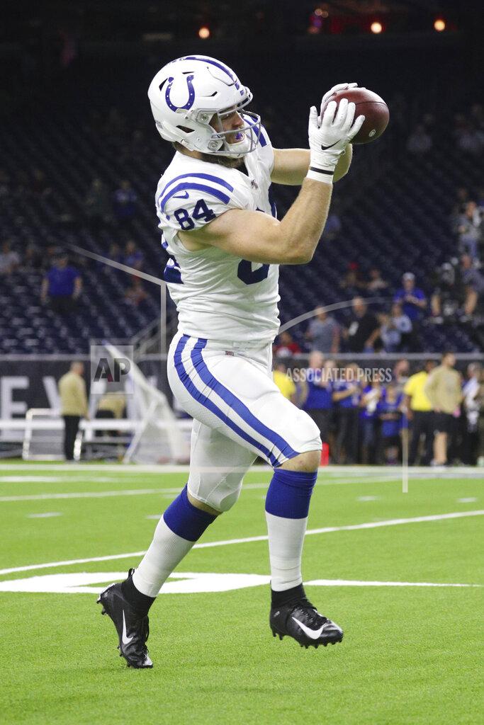Margaret Bowles Indianapolis Colts tight end Jack Doyle (84) catches the ball during warm-ups prior to an NFL game against the Houston Texans, Thursday, Nov. 21, 2019 in Houston. The Texans defeated the Colts 20-17. (Margaret Bowles via AP)