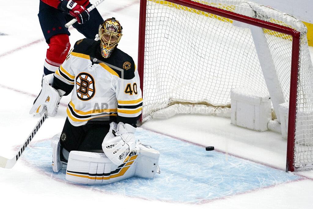 Alex Brandon Boston Bruins goaltender Tuukka Rask (40) reacts after a goal by Washington Capitals defenseman Brenden Dillon during the second period of Game 1 of an NHL hockey Stanley Cup first-round playoff series Saturday, May 15, 2021, in Washington. (AP Photo/Alex Brandon)