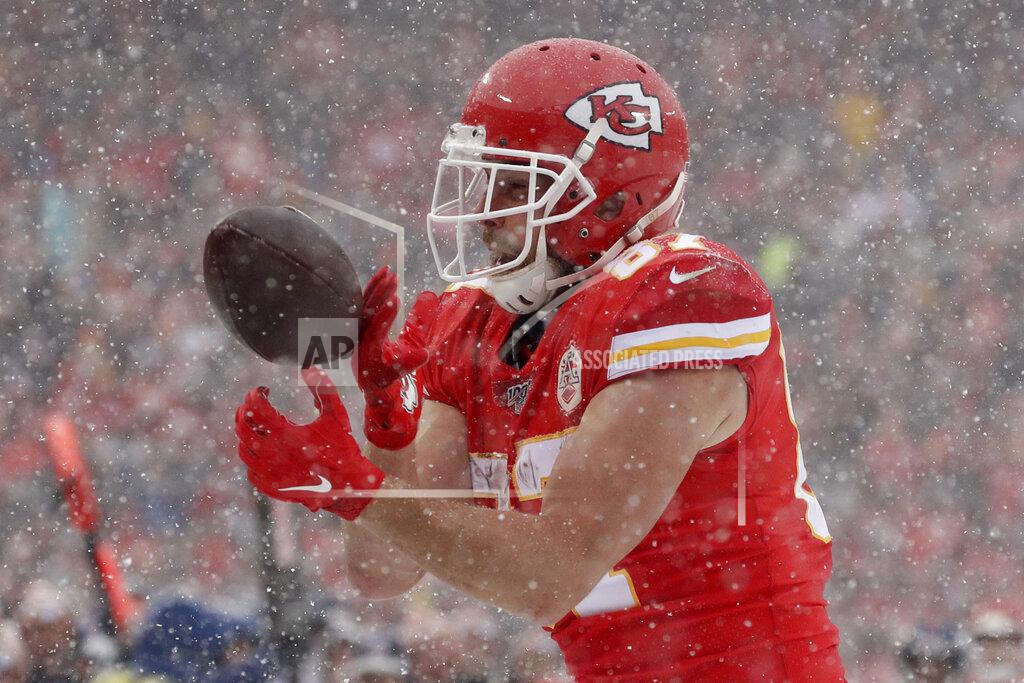Charlie Riedel Kansas City Chiefs tight end Travis Kelce (87) can't hold on to the ball during the first half of an NFL football game against the Denver Broncos in Kansas City, Mo., Sunday, Dec. 15, 2019. (AP Photo/Charlie Riedel)