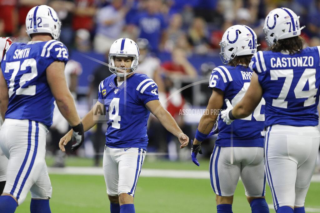 Darron Cummings Indianapolis Colts kicker Adam Vinatieri (4) is congratulated after kicking a field goal during the first half of an NFL football game against the Atlanta Falcons, Sunday, Sept. 22, 2019, in Indianapolis. (AP Photo/Darron Cummings)