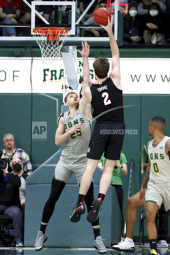 Jed Jacobsohn Gonzaga forward Drew Timme (2) shoots against San Francisco forward Yauhen Massalski (25) during the first half of an NCAA college basketball game in San Francisco, Calif., Thursday, Feb. 24, 2022. (AP Photo/Jed Jacobsohn)