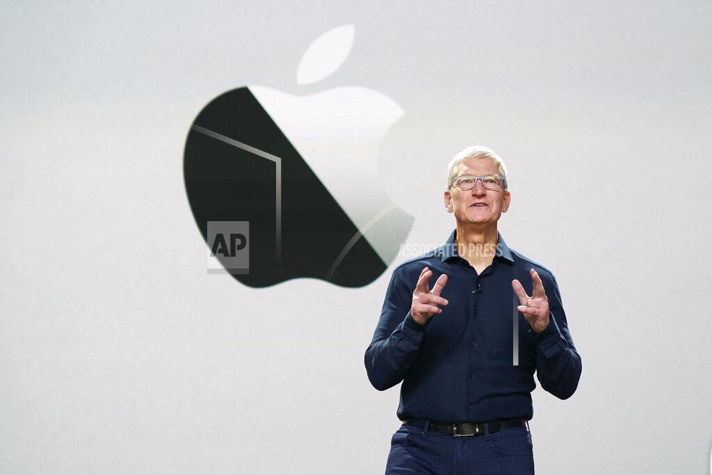 In this photo provided by Apple Inc., CEO Tim Cook delivers the keynote address during the 2020 Apple Worldwide Developers Conference Monday, June 22, 2020, in Cupertino, Calif. Apple on Monday provided a glimpse at upcoming software changes designed to make the iPhone even easier to use as people become ever more dependent on technology as they minimize personal contact during the worst pandemic in a century. (Brooks Kraft/Apple Inc. via AP)