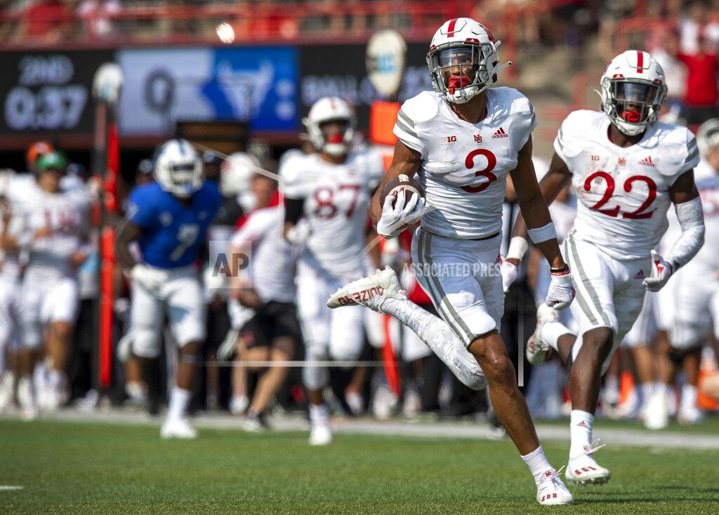 Francis Gardler Nebraska wide receiver Samori Toure (3) scores on a second-quarter reception against Buffalo in an NCAA college football game Saturday, Sept. 11, 2021, in Lincoln, Neb. (Francis Gardler/Lincoln Journal Star via AP)