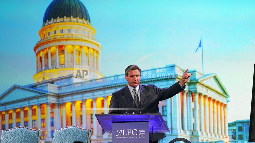 Rick Bowmer Florida Gov. Ron DeSantis speaks during the American Legislative Exchange Council Wednesday, July 28, 2021, in Salt Lake City. (AP Photo/Rick Bowmer)