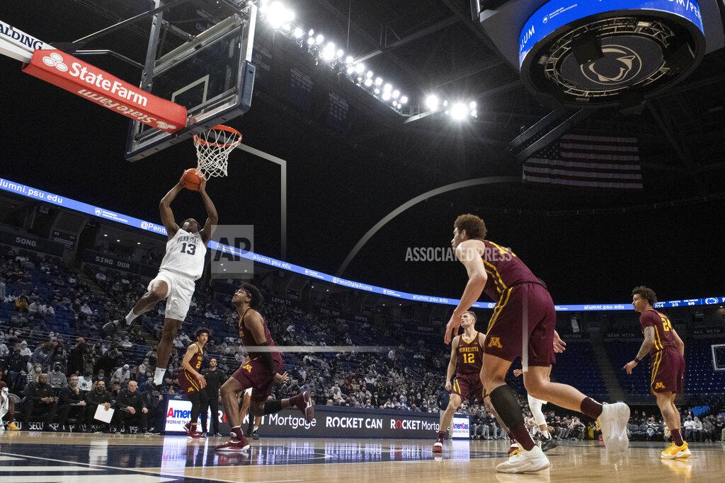 Noah Riffe Penn State forward Jevonnie Scott (13) dunks the basketball during an NCAA college basketball game against Minnesota Thursday, Feb. 17, 2022 in University Park, Pa. (Noah Riffe/Centre Daily Times via AP)