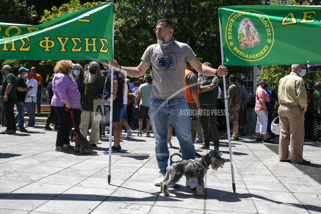 Yorgos Karahalis A dog owner holds banners during a rally against a proposed law by the government related to household pets, at Syntagma square, in Athens, Sunday, May 23, 2021. Several hundred dog owners, most of them also hunters, and their pets, protested outside the Greek Parliament Sunday against a new law, still at the consultation stage, that mandates sterilization of household pets. (AP Photo/Yorgos Karahalis)