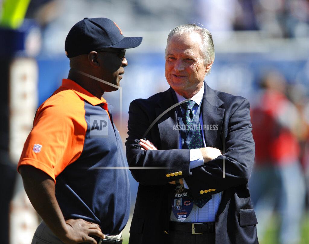 Jim Prisching FILE - In this Sunday, Sept. 12, 2010, file photo, then-Chicago Bears head coach Lovie Smith, left, talks with Mike McCaskey, former chairman of the Chicago Bears before an NFL football game against the Detroit Lions in Chicago. Michael McCaskey, who led the Chicago Bears for nearly three decades following the death of his grandfather George Halas, died Saturday, May 16, 2020, after a lengthy battle with cancer, the team said. He was 76. (AP Photo/Jim Prisching, File)