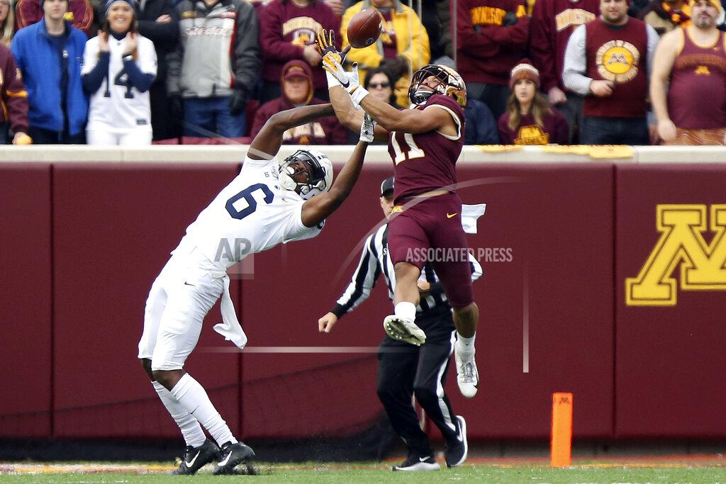 Stacy Bengs Minnesota defensive back Antoine Winfield Jr. (11) intercepts the ball intended for Penn State wide receiver Justin Shorter (6) during an NCAA college football game, Saturday, Nov. 9, 2019, in Minneapolis. (AP Photo/Stacy Bengs)