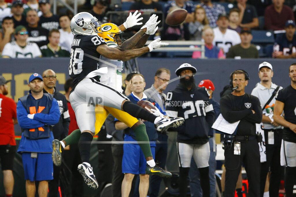 John Woods Oakland Raiders' Marcell Ateman (88) goes up for a pass as Green Bay Packers' Chandon Sullivan defends during the first half of an NFL preseason football game Thursday, Aug. 22, 2019, in Winnipeg, Manitoba. (John Woods/The Canadian Press via AP)