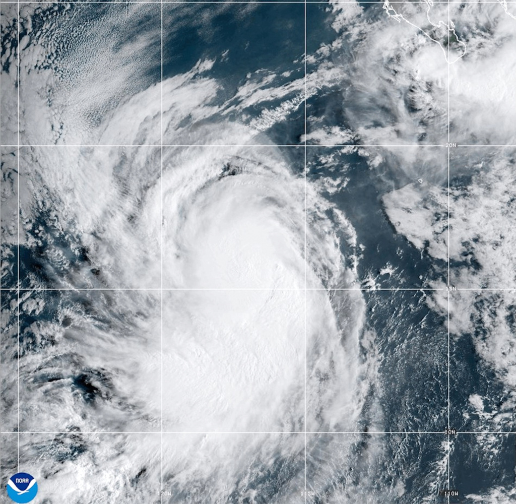 This NOAA satellite image taken at 11:39 a.m. EST on Thursday, Sept. 25, 2025, shows Hurricane Narda in the North Pacific Ocean. (NOAA via AP)