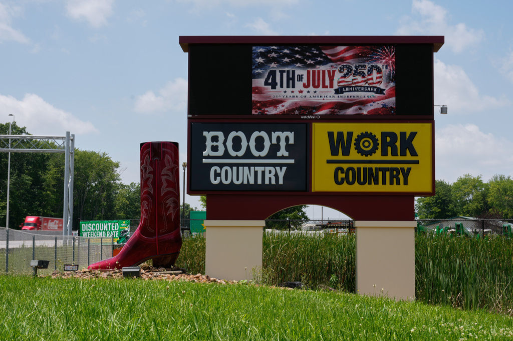 Boot Country Work Country's electric sign reads "4th of July 250th Anniversary" in Batavia, Ohio, Tuesday, June 30, 2026. (AP Photo/Carolyn Kaster)
