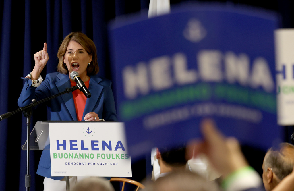 Candidate for Rhode Island governor Helena Buonanno Foulkes speaks during a Get Out the Vote event, Sunday, Aug. 30, 2026, in Providence. (AP Photo/Mark Stockwell)