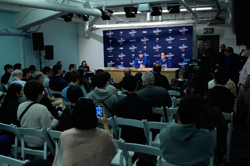 Los Angeles Dodgers' Shohei Ohtani speaks with his interpreter, Will Ireton, during a press conference ahead of Game 3 of the 2025 World Series against the Toronto Blue Jays in Los Angeles, Sunday, Oct. 26, 2025. (AP Photo/Ashley Landis) Los Angeles Dodgers' Shohei Ohtani speaks with his interpreter, Will Ireton, during a press conference ahead of Game 3 of the 2025 World Series against the Toronto Blue Jays in Los Angeles, Sunday, Oct. 26, 2025. (AP Photo/Ashley Landis)