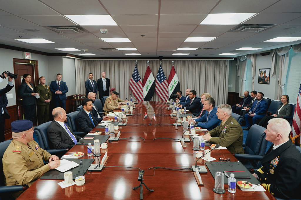 Defense Secretary Pete Hegseth and Iraq's Prime Minister Ali al-Zaidi hold a meeting at the Pentagon Tuesday, July 14, 2026, in Washington. (Al Drago/Pool via AP)