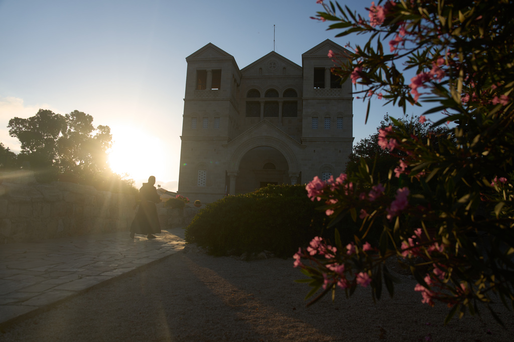 A priest enters the Basilica of the Transfiguration on Mount Tabor, northern Israel, on Aug. 6, 2026. (AP Photo/Ariel Schalit)