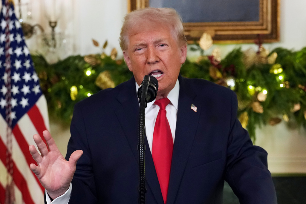 President Donald Trump speaks during an address to the nation from the Diplomatic Reception Room at the White House, Wednesday, Dec. 17, 2025, in Washington. (Doug Mills/The New York Times via AP, Pool)