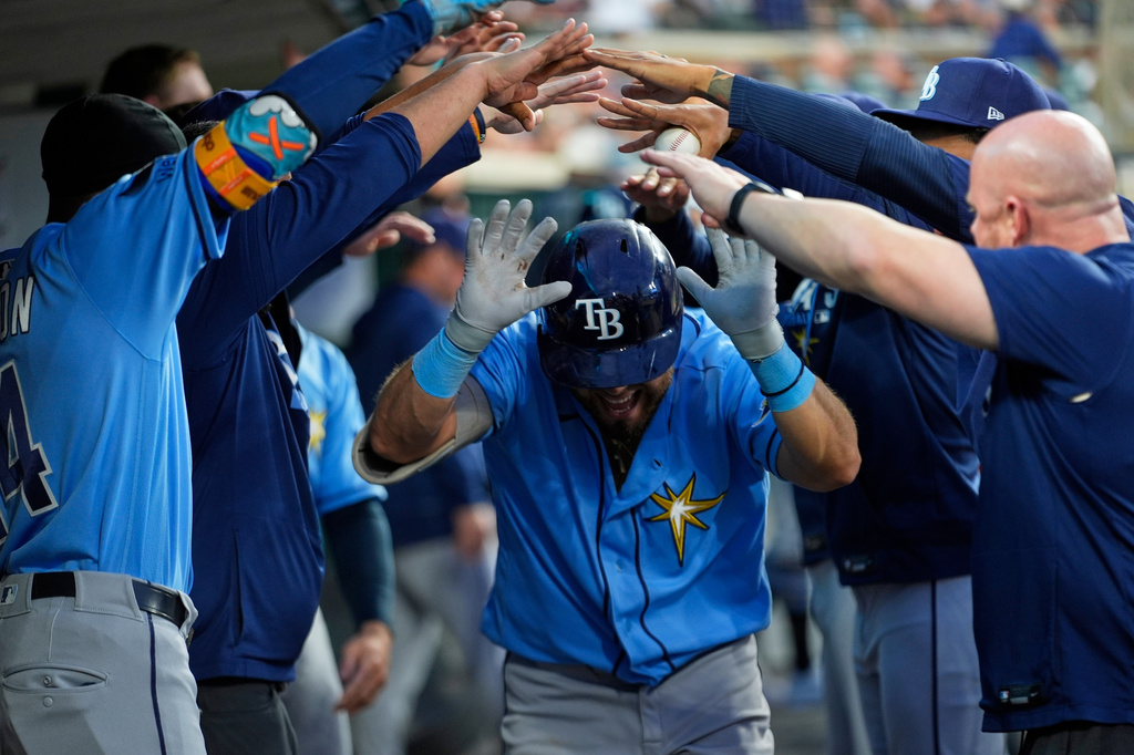 Tampa Bay Rays' Jonathan Aranda celebrates his home run against the Detroit Tigers during the sixth inning of a baseball game Monday, Aug. 24, 2026, in Detroit. (AP Photo/Paul Sancya)