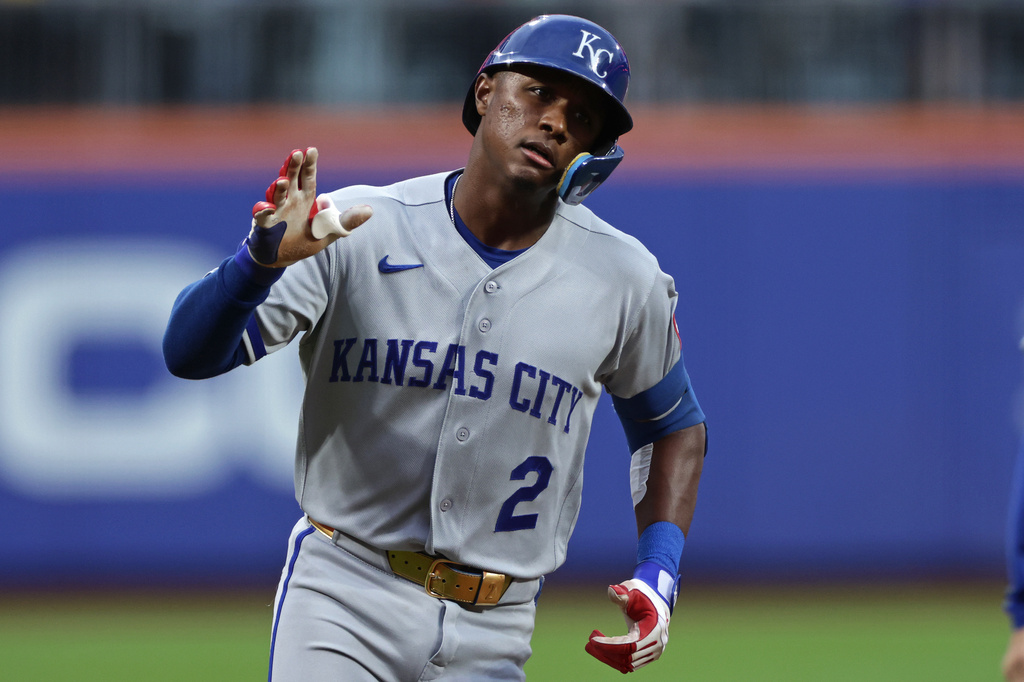 Kansas City Royals' Tyler Tolbert reacts after hitting a two-run home run during the second inning of a baseball game against the New York Mets, Tuesday, July 7, 2026, in New York. (AP Photo/Adam Hunger)
