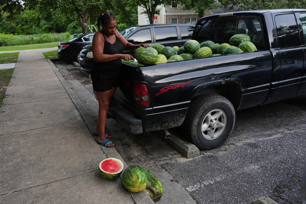 Rhonda Bracy cuts watermelons outside her home in Salisbury, Md., Saturday, Aug. 1, 2026. (AP Photo/Luis Andres Henao)