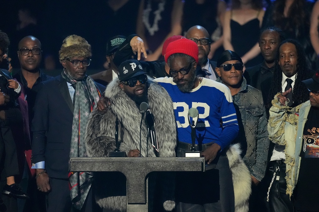Inductees Big Boi, front left and André 3000, front right of OutKast speak during the 2025 Rock and Roll Hall of Fame Induction Ceremony, on Saturday, Nov. 8, 2025, at L.A. Live in Los Angeles. (AP Photo/Chris Pizzello)