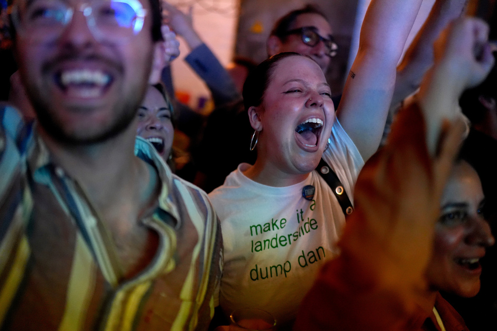 Supporters of Democratic congressional candidate Brad Lander celebrate a win during an election night watch party Tuesday, June 23, 2026, in the Brooklyn borough of New York. (AP Photo/Ryan Murphy)