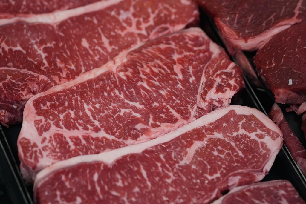 FILE - New York strip steaks are on display at a Sam's Club, Wednesday, Sept. 24, 2025, in Bentonville, Ark. (AP Photo/Charlie Riedel, File)