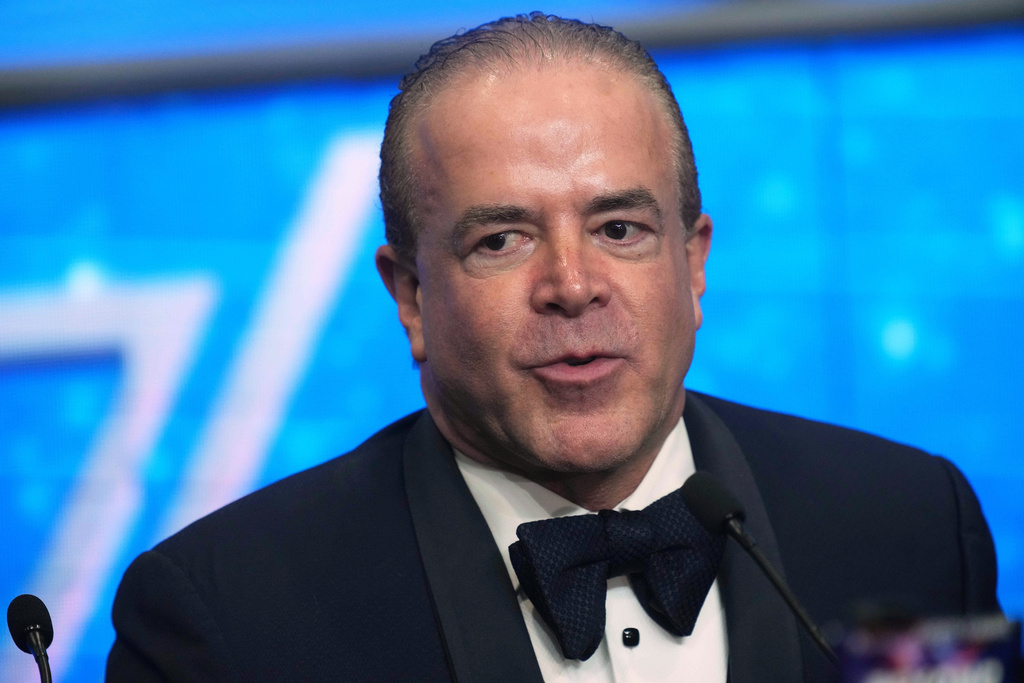 President of the Miss Universe Organization and Mexican businessman Raúl Rocha Cantú attends a press conference after the beauty pageant in Nonthaburi province, Thailand, Friday, Nov. 21, 2025. (AP Photo/Sakchai Lalit)