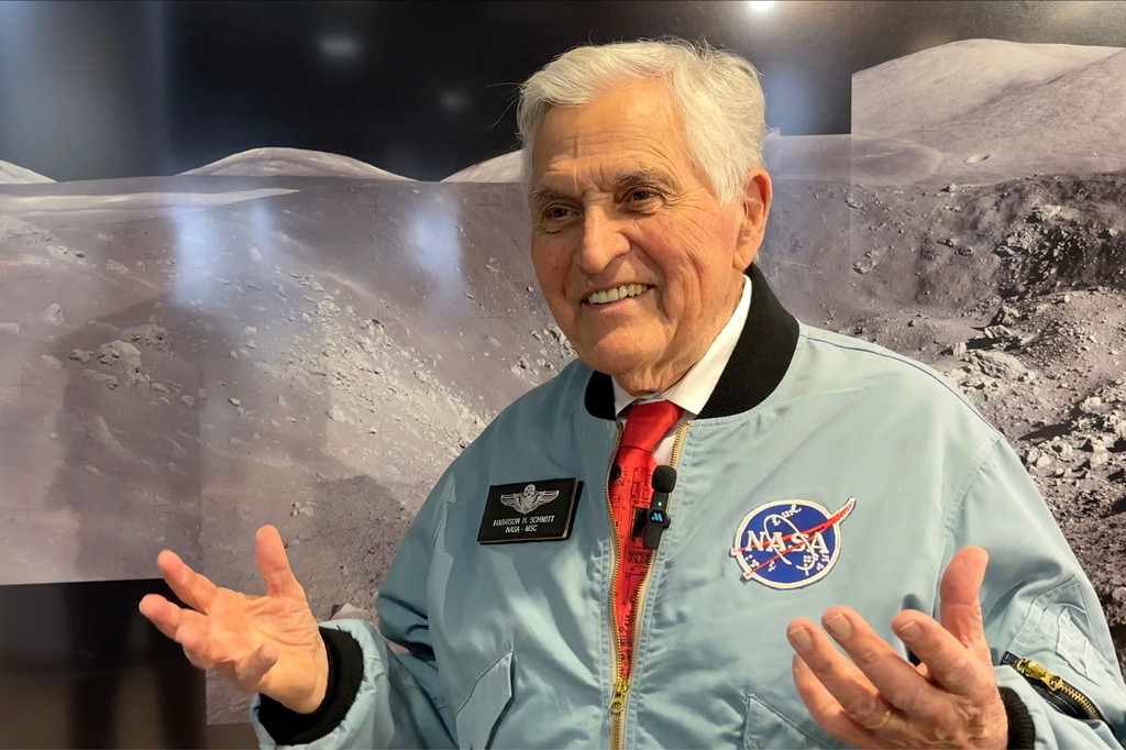 Apollo astronaut Harrison "Jack" Schmitt talks about having to acclimate to gravity after his moon mission in 1972 while being interviewed at the New Mexico Museum of Natural History and Science in Albuquerque, N.M., on April 22, 2026. (AP Photo/Susan Montoya Bryan)