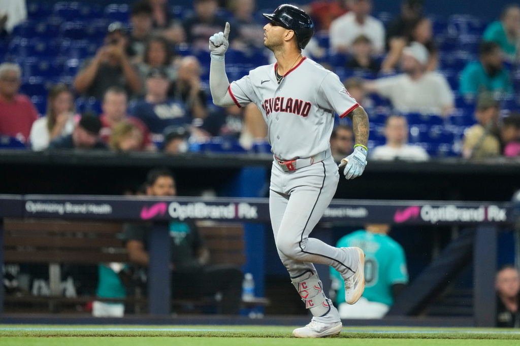 Cleveland Guardians' Brayan Rocchio runs the bases after hitting a solo home run during the fifth inning of a baseball game against the Miami Marlins, Sunday, July 12, 2026, in Miami. (AP Photo/Lynne Sladky)