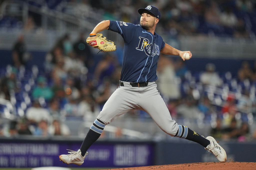 Tampa Bay Rays starting pitcher Shane McClanahan aims a pitch during the second inning of a baseball game against the Miami Marlins Saturday, June 6, 2026, in Miami. (AP Photo/Marta Lavandier)