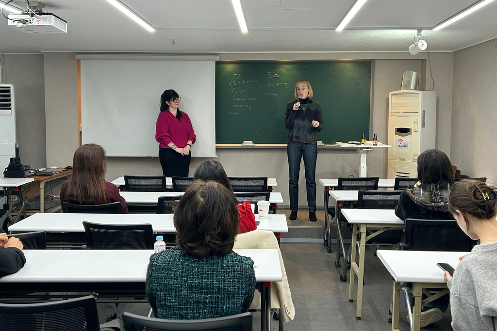 Devon Overman, left, and Alison Dumbell, co-founders of consulting firm Upstage Entertainment, advise South Korean actors on navigating the Hollywood casting system in Seoul, Sunday, Nov. 9, 2025. (AP Photo/Juwon Park)