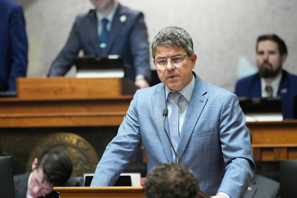 FILE - Indiana Senate President Pro Tempore Rodric Bray speaks in the Senate chamber at the Statehouse in Indianapolis, April 23, 2025. (AP Photo/AJ Mast, File)