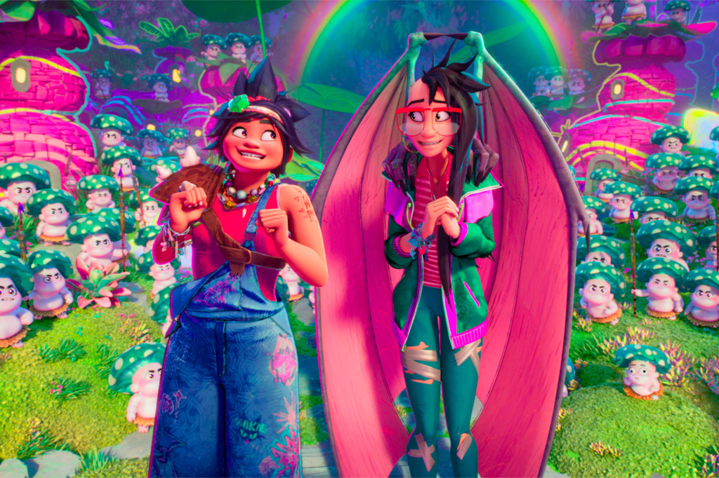 This image released by DreamWorks Animation shows Jo, voiced by H.E.R., left, and Raissa, voiced by Liza Soberano in a scene from "Forgotten Island." (DreamWorks Animation/Universal Pictures via AP)