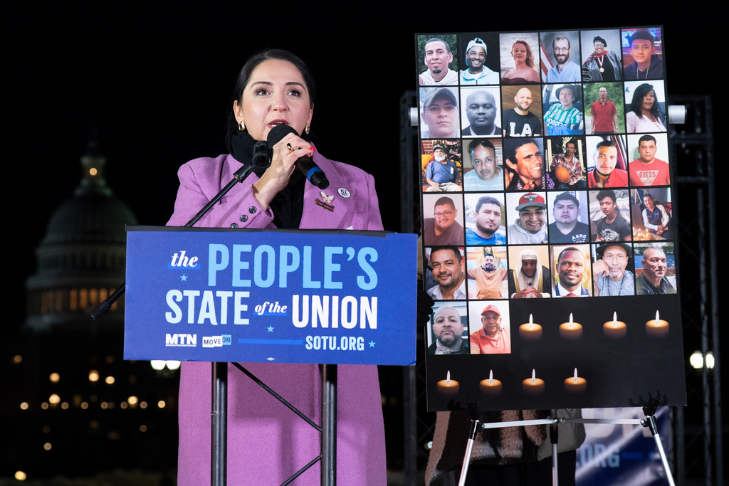 Rep. Delia Ramirez, D-Ill., speaks during the "People's State of the Union" rally outside of the U.S. Capitol Tuesday, Feb. 24, 2026, in Washington. (AP Photo/Jose Luis Magana)
