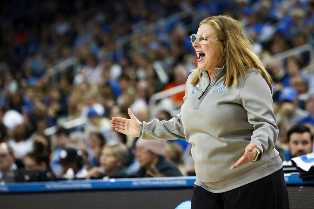 UCLA head coach Cori Close reacts during the first half against California Baptist in the first round of the NCAA college basketball tournament, Saturday, March 21, 2026, in Los Angeles. (AP Photo/Jessie Alcheh)