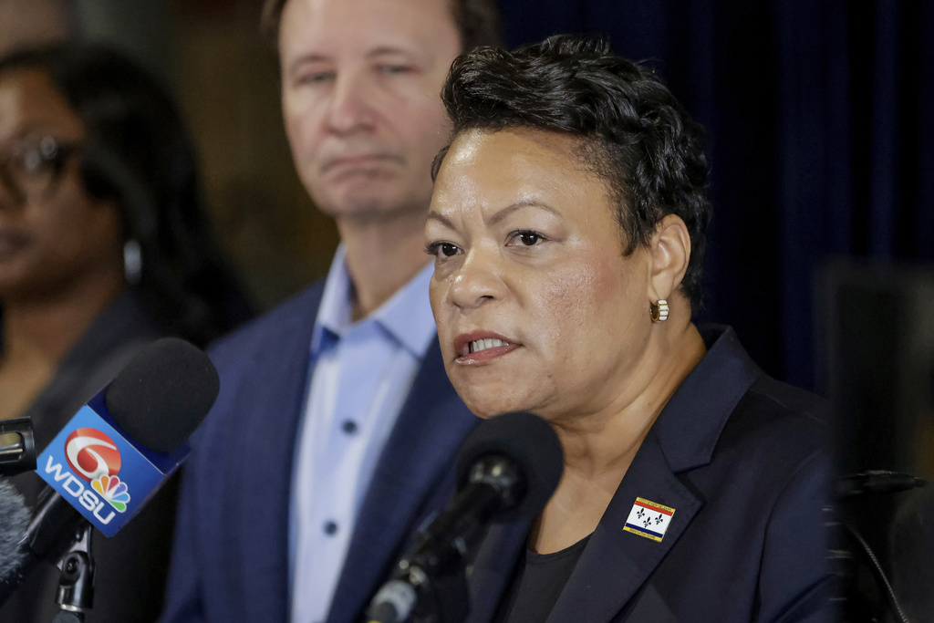 FILE - Mayor LaToya Cantrell speaks, accompanied by Gov. Jeff Landry, during a news conference at the FBI headquarters in New Orleans, Sunday, Jan. 5, 2025, about a New Year's Day attack on Bourbon Street. (Scott Threlkeld/The Times-Picayune/The New Orleans Advocate via AP)