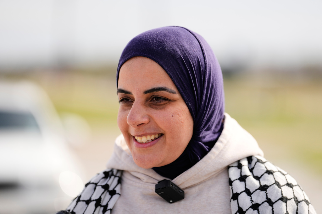 Leqaa Kordia speaks to members of the media, family and her legal team after being released from the Prairieland Detention Center in Alvarado, Texas, Monday, March 16, 2026. (AP Photo/Tony Gutierrez)