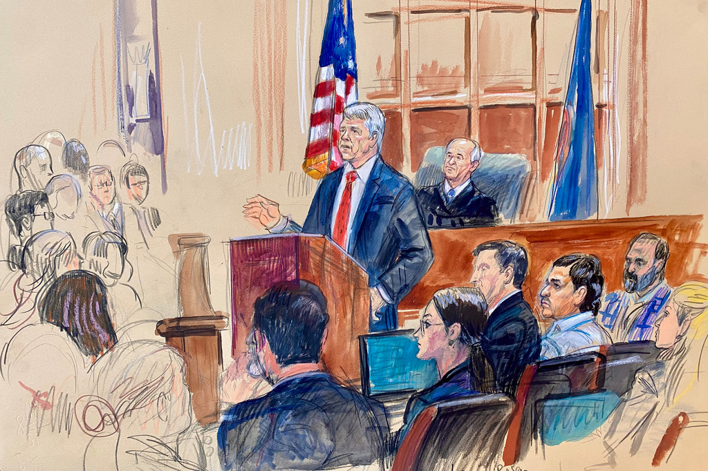This courtroom sketch depicts Justice Department prosecutor John Gibbs speaking as defense attorneys Lauren Rosen, Geremy Kamens, from center middle seated, defendant Mohammad Sharifullah, and an interpreter, listen along with Judge Anthony John Trenga during the opening day of the trial for Sharifullah in federal court in Alexandria, Va., Monday, April 20, 2026. (Dana Verkouteren via AP)