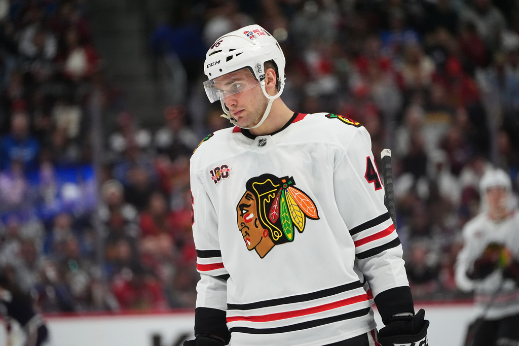 FILE - Chicago Blackhawks defenseman Louis Crevier in the second period of an NHL hockey game, Feb. 28, 2026, in Denver. (AP Photo/David Zalubowski, File)