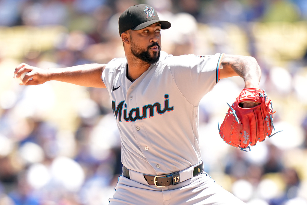 Miami Marlins' Sandy Alcantara (22) pitches against the Los Angeles Dodgers in the second inning of a baseball game Wednesday, April 29, 2026, in Los Angeles. (AP Photo/Scott Strazzante)