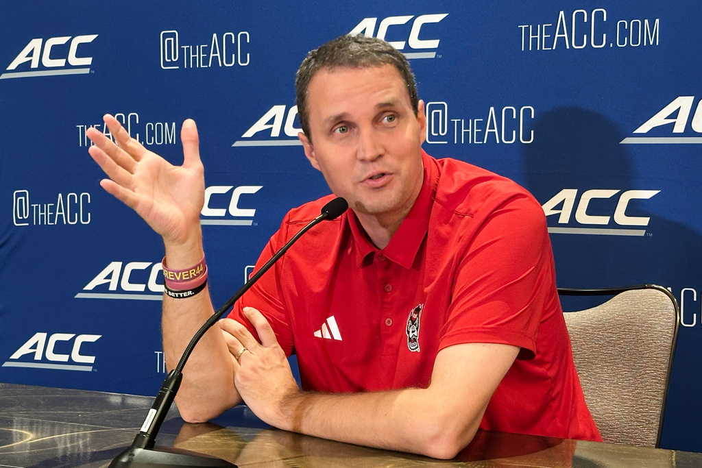 North Carolina State coach Will Wade speaks at the ACC college basketball media days, Wednesday, Oct. 8 2025, in Charlotte, N.C. (AP Photo/Aaron Beard)