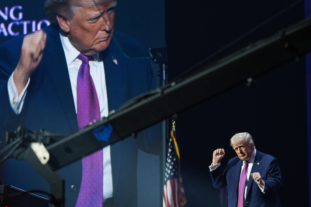 President Donald Trump dances at a Turning Point USA event at Dream City Church, Friday, April 17, 2026, in Phoenix. (AP Photo/Alex Brandon)