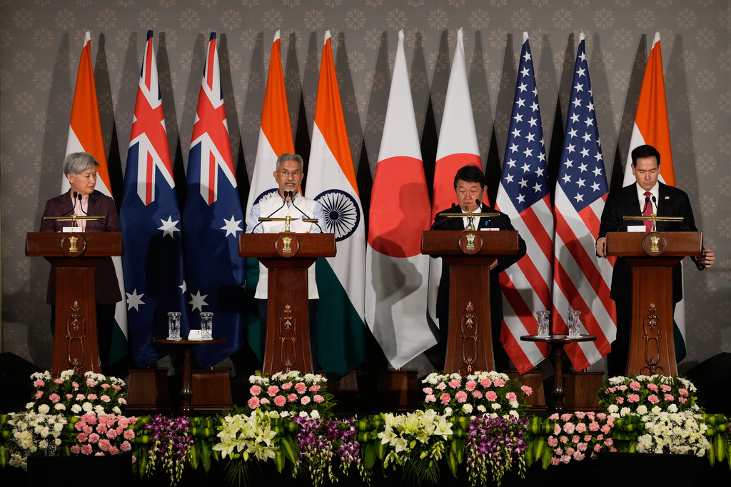 India's External Affairs Minister S. Jaishankar, second left, speaks as Australian Foreign Minister Penny Wong, left, Japanese Foreign Minister Toshimitsu Motegi, second right, and U.S. Secretary of State Marco Rubio listen following a Quad ministerial meeting at Hyderabad House in New Delhi, India, Tuesday, May 26, 2026. (AP Photo/Manish Swarup)