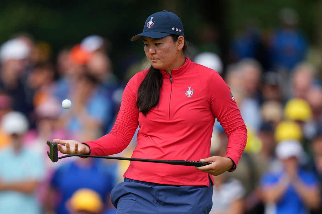 Allisen Corpuz of the United States stands on the 17th green during the final day of the Solheim Cup in Den Bosch, Netherlands, Sunday, Sept. 13, 2026. (AP Photo/Alastair Grant)