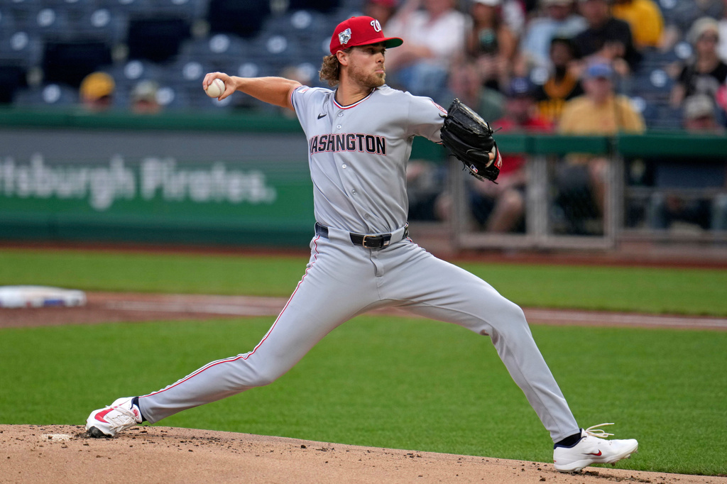Pittsburgh Pirates pitcher Mitch Keller delivers during the first inning of a baseball game against the Washington Nationals in Pittsburgh, Wednesday, April 15, 2026. (AP Photo/Gene J. Puskar)