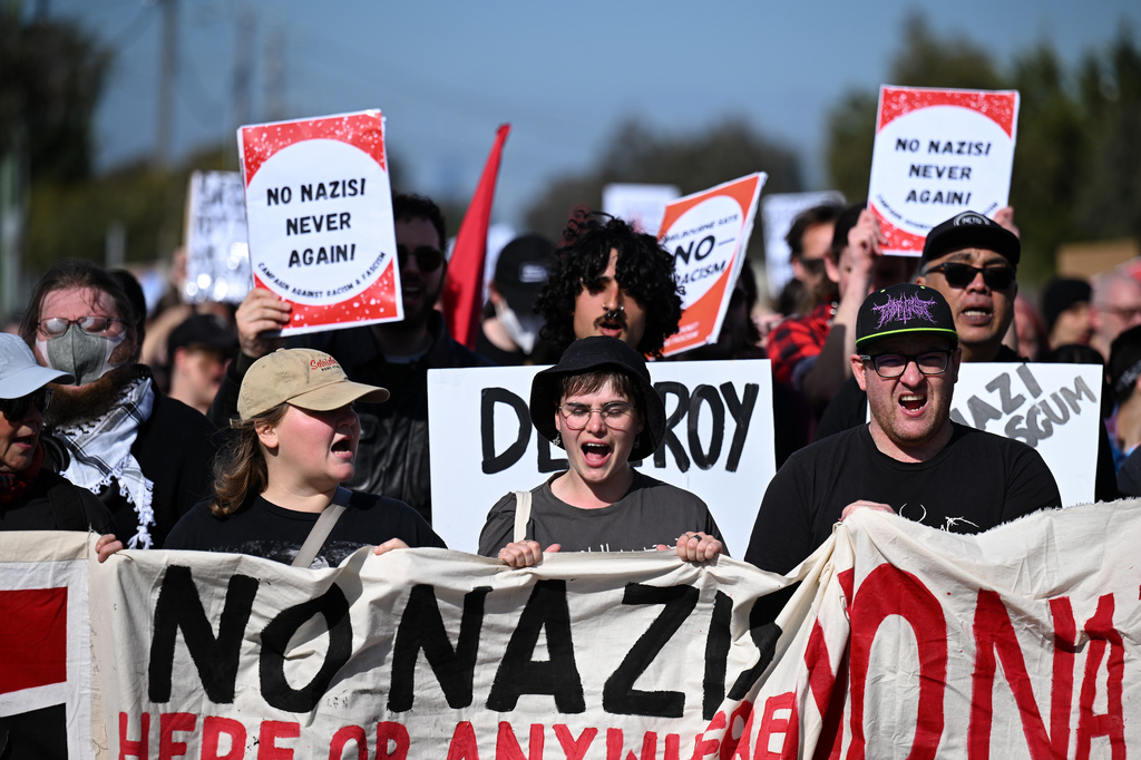 Protesters march during a "Drive the Nazis out of Melbourne" protest in Melbourne, Sept. 23, 2023. (James Ross/AAP Image via AP)