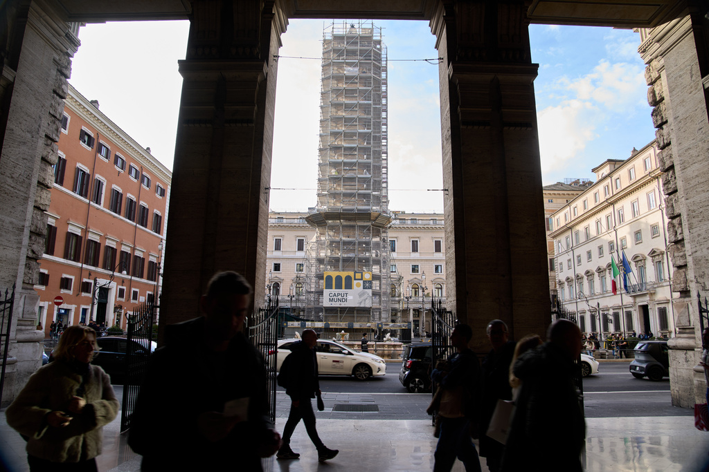 General view of the restauration site of the second-century A.D. Column of Marcus Aurelius in central Rome during a media tour, Thursday, Dec. 18, 2025. (AP Photo/Domenico Stinellis)