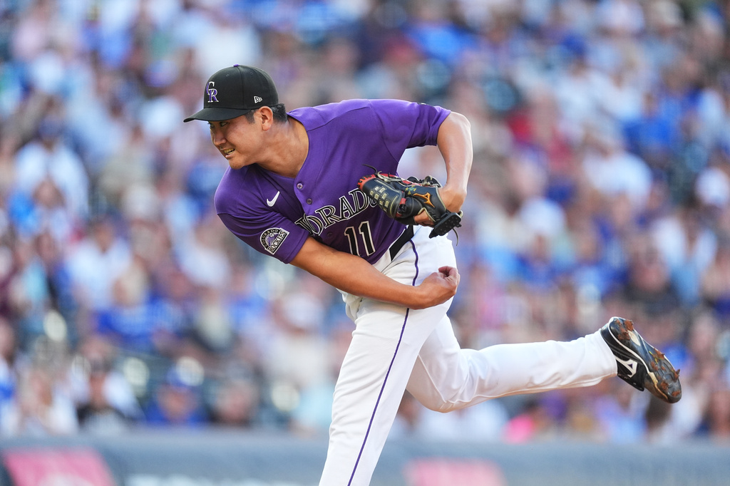 Colorado Rockies starting pitcher Tomoyuki Sugano works against the Los Angeles Dodgers in the first inning of a baseball game Monday, Aug. 17, 2026, in Denver. (AP Photo/David Zalubowski)
